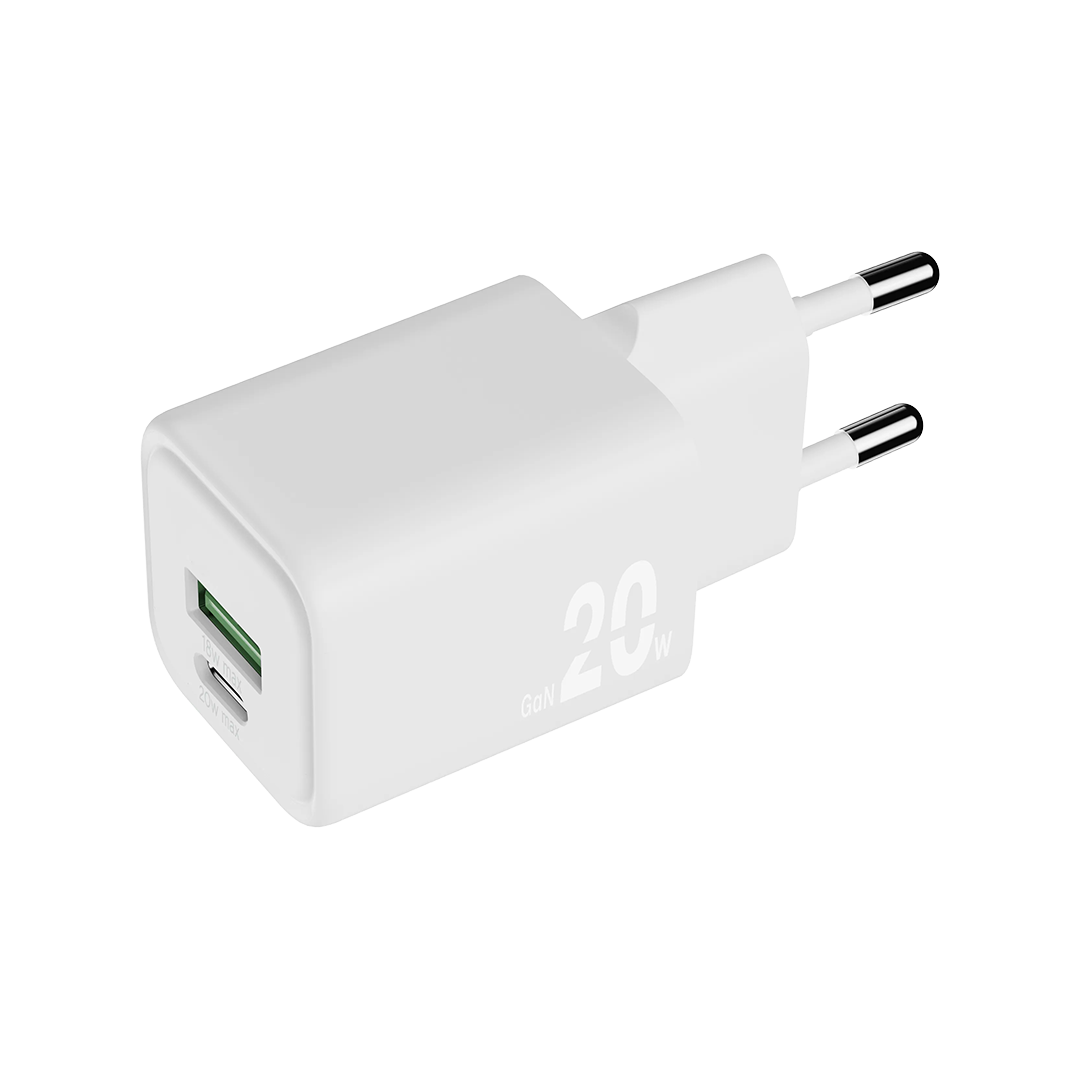 Cargador GaN de 20 W con un puerto USB-C y uno USB-A de BlackByte - Blanco