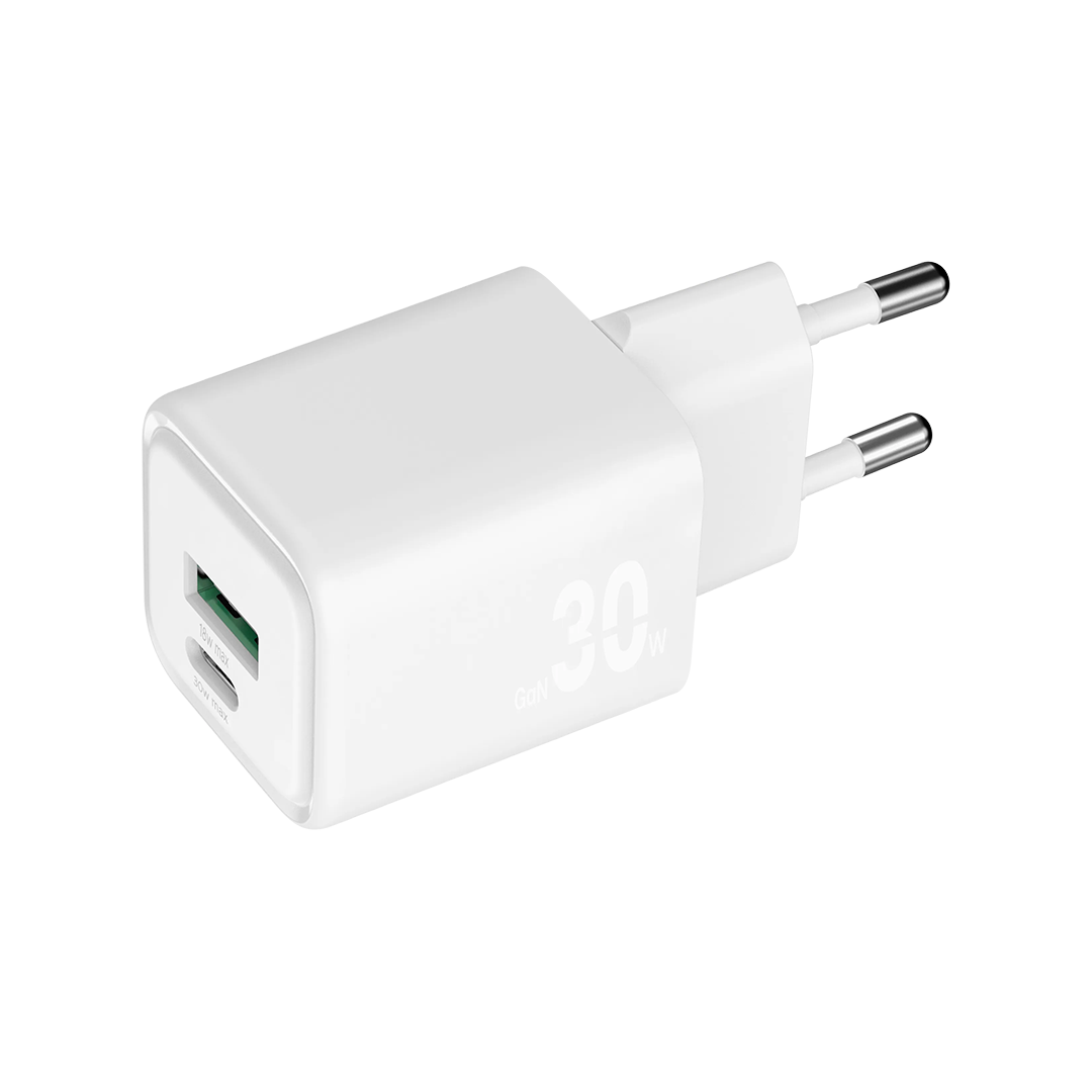 Cargador GaN de 30 W con un puerto USB-C y uno USB-A de BlackByte - Blanco