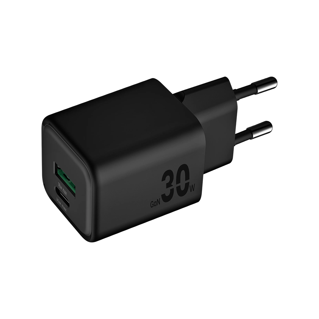 Cargador GaN de 30 W con un puerto USB-C y uno USB-A de BlackByte - Negro
